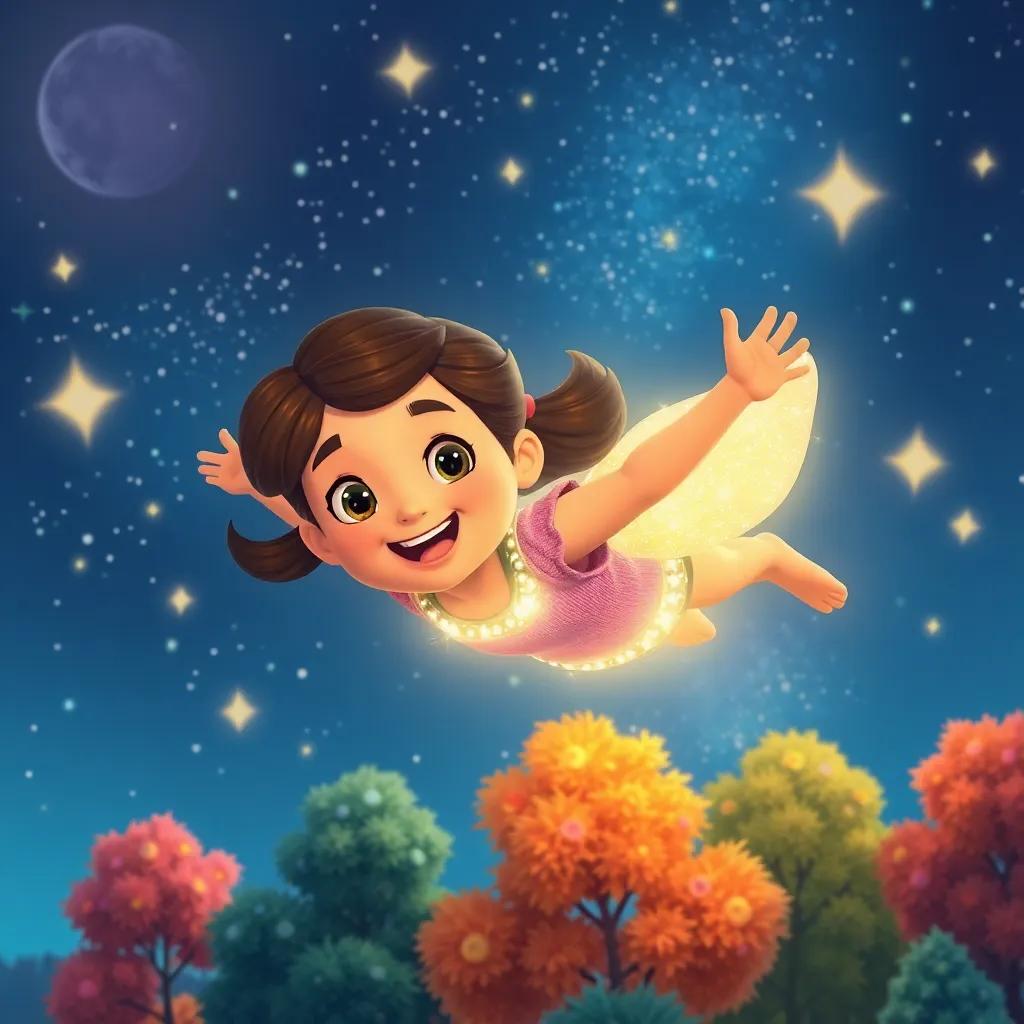 Nina, a brave girl, glowing brightly as she flies through a cool night sky filled with twinkling stars, excitement on her face, colorful trees below, digital art, whimsical style, uplifting mood, high quality
