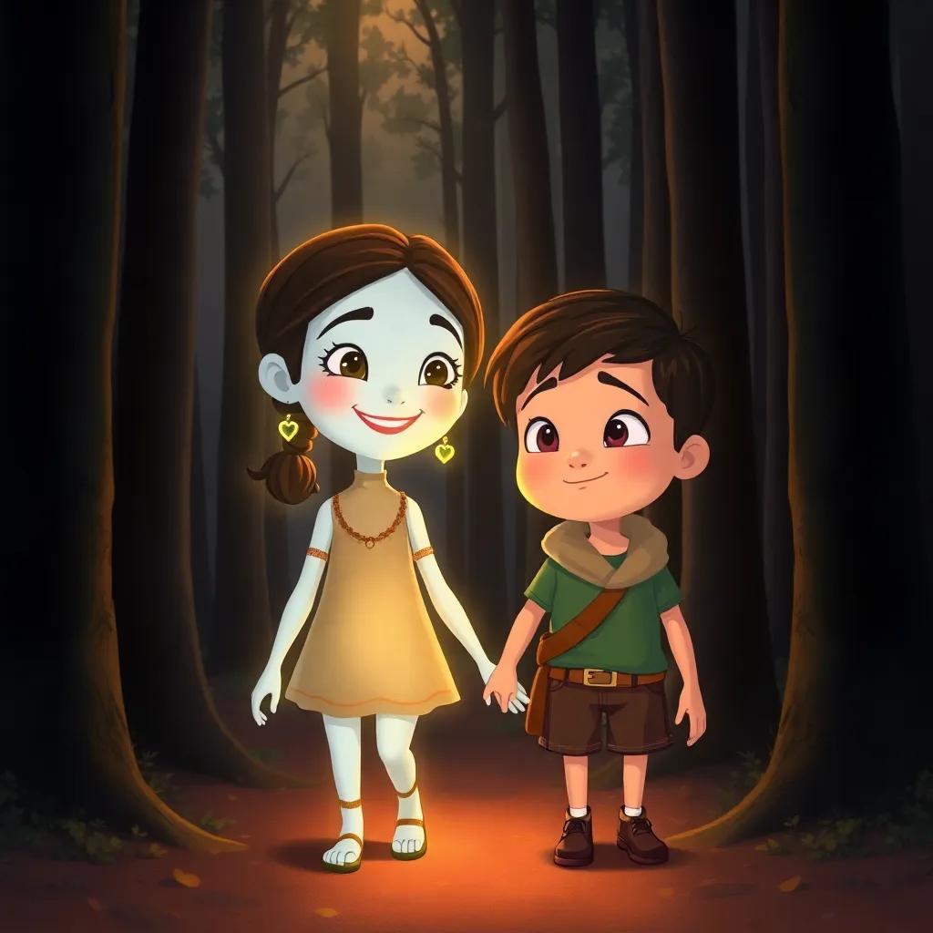 Nina, with glowing skin and a radiant smile, guiding her friend Max through dark woods, surrounded by trees, Max looks relieved as he follows her shining light, digital illustration, warm colors, heartfelt atmosphere, high quality