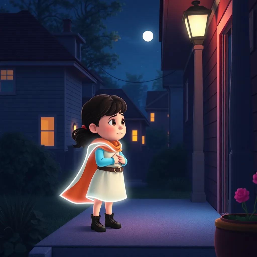 Nina, glowing like a superhero, meeting her friend Mia on her porch, Mia looking sad but brightening as she sees Nina's light, nighttime neighborhood with moonlight shining, digital art, charming colors, comforting vibe, high quality