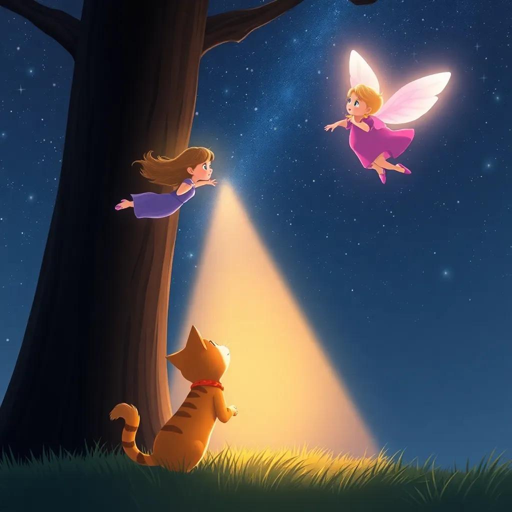 Nina, glowing brightly, flying towards a tall tree with Oliver the cat looking down, the night sky filled with stars, feeling the warmth of the light, digital illustration, cute and playful, magical atmosphere, high quality