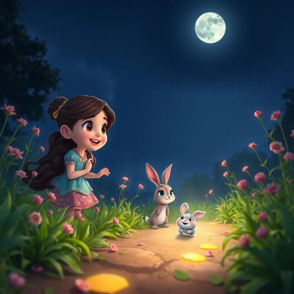 Nina and her friends Max and Mia, with glowing light illuminating the path to help a tiny bunny stuck in thorns, showing teamwork and kindness, night scene with moonlight, colorful and joyful, digital art, heartwarming scene, high quality