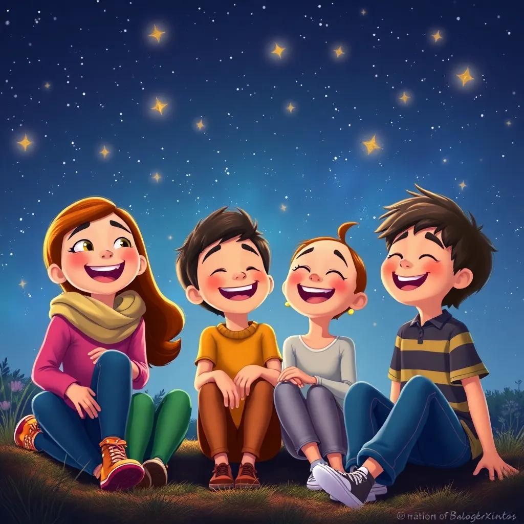 Nina, Max, Mia, and Oliver laughing together under the night sky, surrounded by twinkling stars after their adventures, warmth and friendship shining through, digital illustration, cheerful colors, happiness, high quality