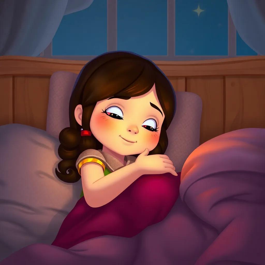 Nina, a brave girl with glowing skin, snuggled in her cozy bed, dreaming of the next nighttime adventure, stars visible through her window, warm, peaceful atmosphere, digital art, calming colors, inviting quality, high quality
