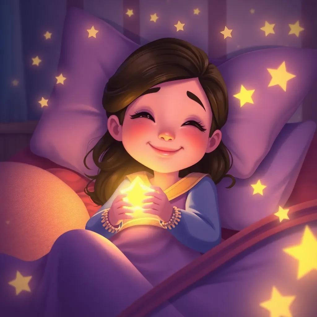 Nina, glowing and smiling in her sleep, filled with dreams of rescuing friends and lighting their way, surrounded by starlight, her room cozy and warm, digital illustration, dreamy colors, heartwarming feel, high quality