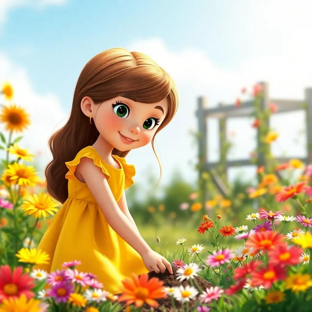 A young girl, Nina, with long brown hair wearing a bright yellow dress, planting colorful wildflowers in her garden under a sunny sky, vibrant colors, cheerful atmosphere, digital art, high quality