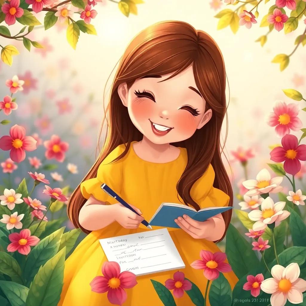 Nina, a young girl with long brown hair in a bright yellow dress, joyfully writing invitations on colorful leaves surrounded by blooming flowers, detailed illustration, inviting scene, warm light, high quality
