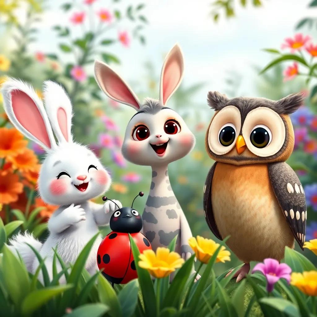 A group of animal friends: Benny the bunny with fluffy white fur, Lila the ladybug with a shiny red shell, and Oliver the owl with big round eyes, excitedly gathering in Nina's garden, vibrant colors, friendly atmosphere, digital art, high quality