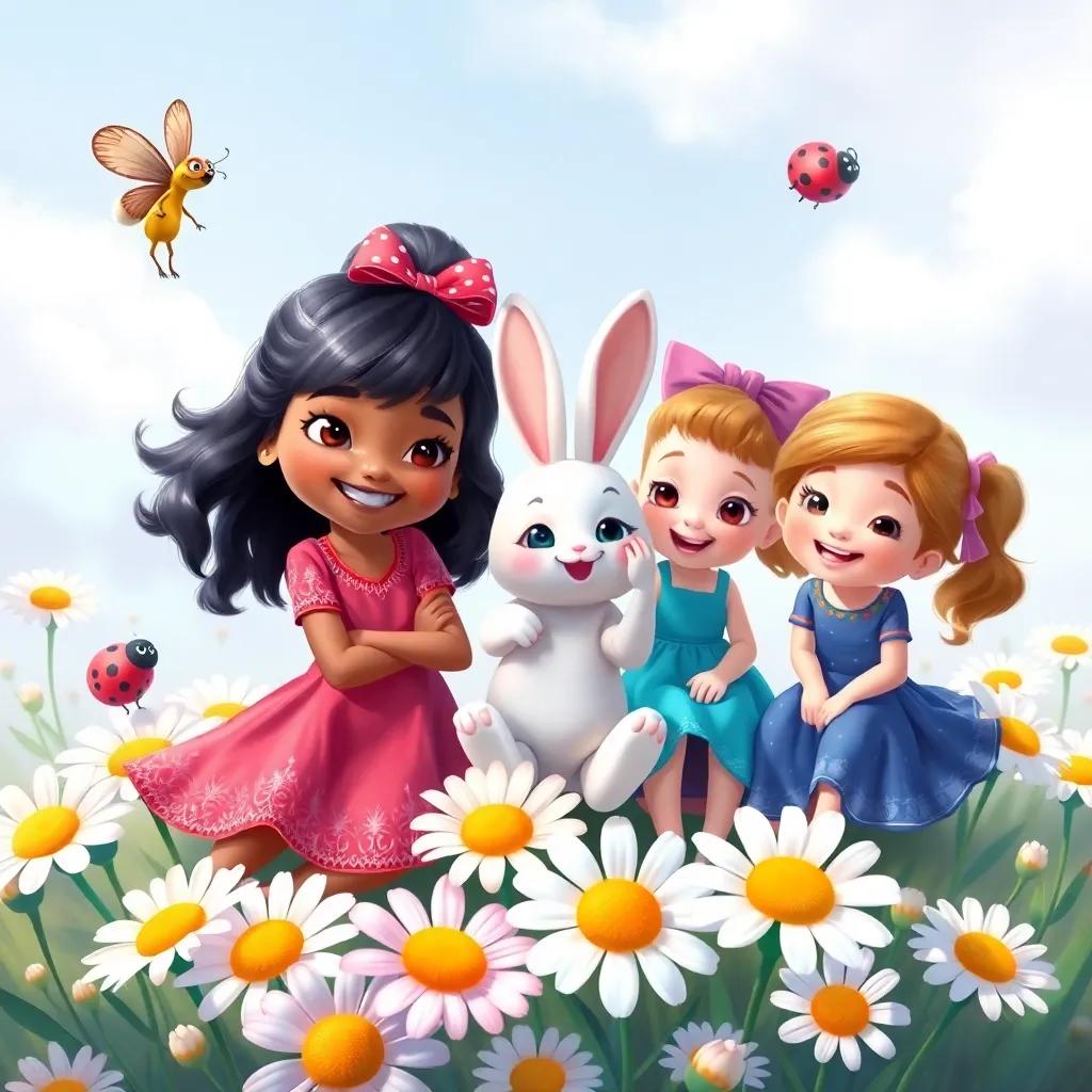 Nina and her friends sitting on soft daisies, with Benny the bunny touching the flowers, Lila the ladybug flying around, joyful expressions, bright colors, whimsical scene, digital painting, high quality
