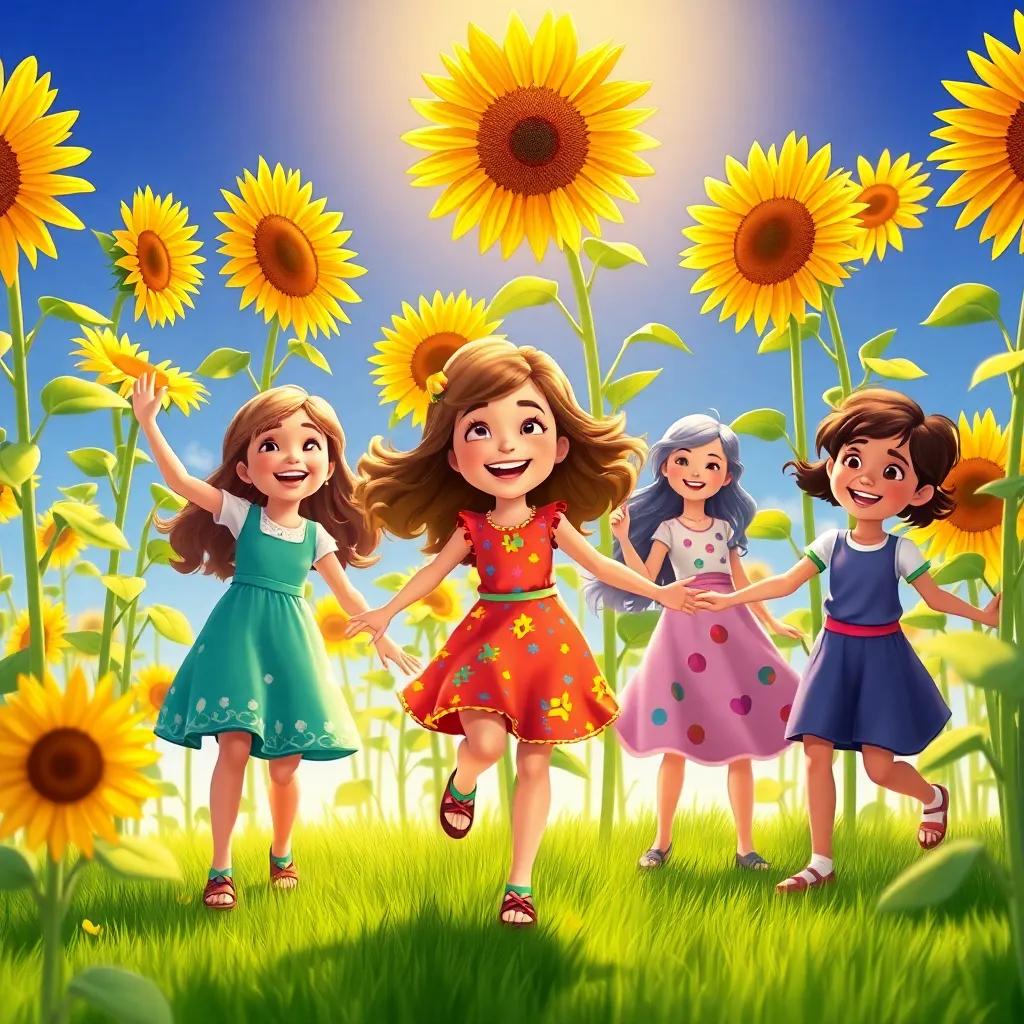 Nina and her friends dancing around tall sunflowers, the scene colorful and lively, with smiles and laughter, sunshine shining brightly, digital art, cheerful and warm atmosphere, high quality