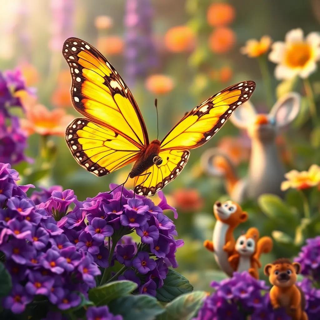 A big beautiful butterfly landing on purple violets in Nina's garden, surrounded by amazed animal friends, colorful scene, magical feel, digital painting, high quality