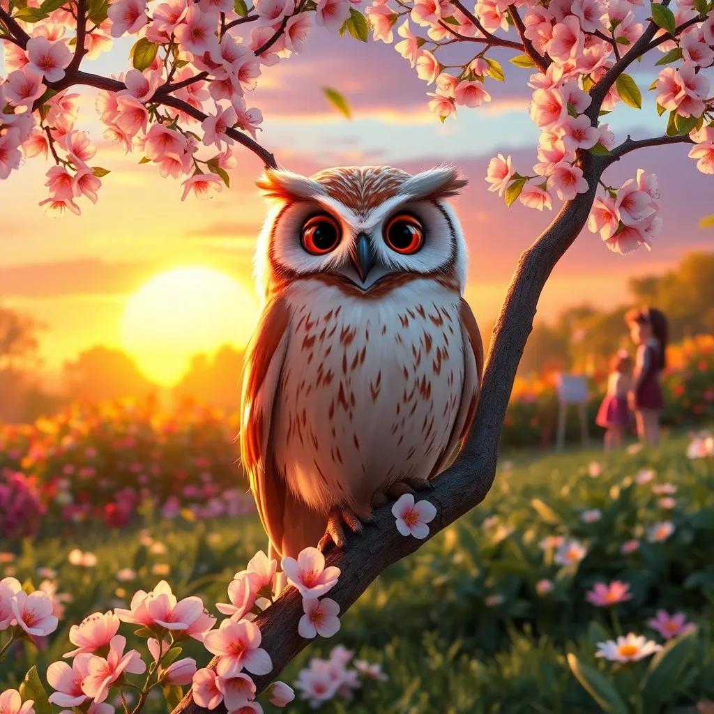 Oliver the owl perched on a flowering tree, with a dreamy sunset behind him, the garden magical and serene, Nina and her friends in the background, digital art, peaceful setting, high quality