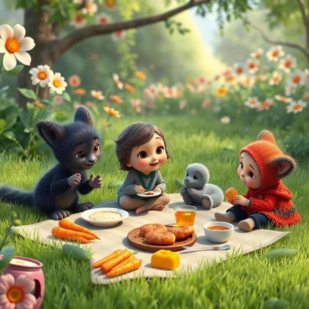 A picnic scene in Nina's garden, with snacks laid out: carrots, nectar and honey, Nina and her friends enjoying their meal on lush green grass, cozy atmosphere, digital art, high quality