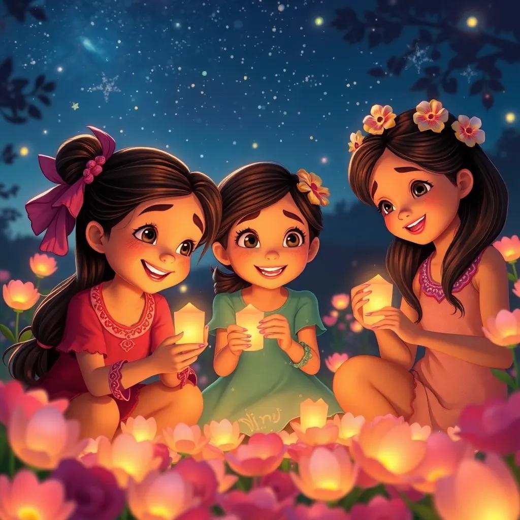 Nina and her friends lighting tiny lanterns made from flower petals in the garden under a starlit sky, magical glow around them, joyful expressions, digital painting, high quality