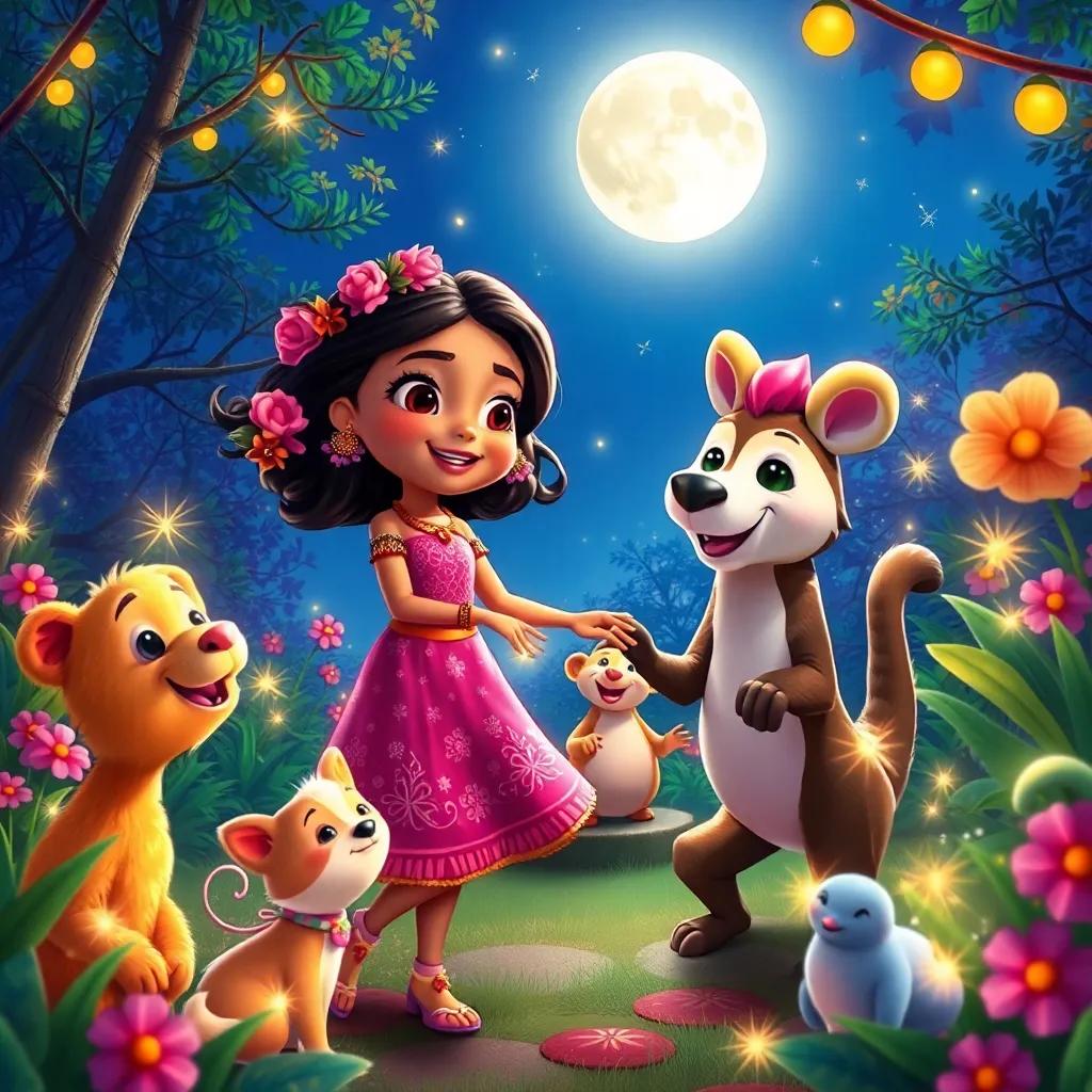 Nina, her animal friends, and the sparkling garden celebrating together under the moonlight, dancing happily, vibrant colors, joyful festival feel, digital art, high quality