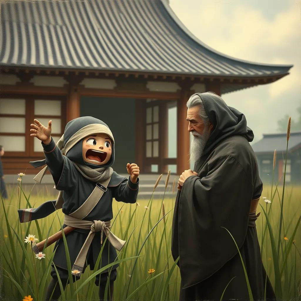 Ninja Omaru excitedly exclaiming, 'I want to be a samurai!' to his wise sensei who is listening thoughtfully, surrounded by tall grass and a few scattered flowers, with a traditional Japanese dojo in the background.