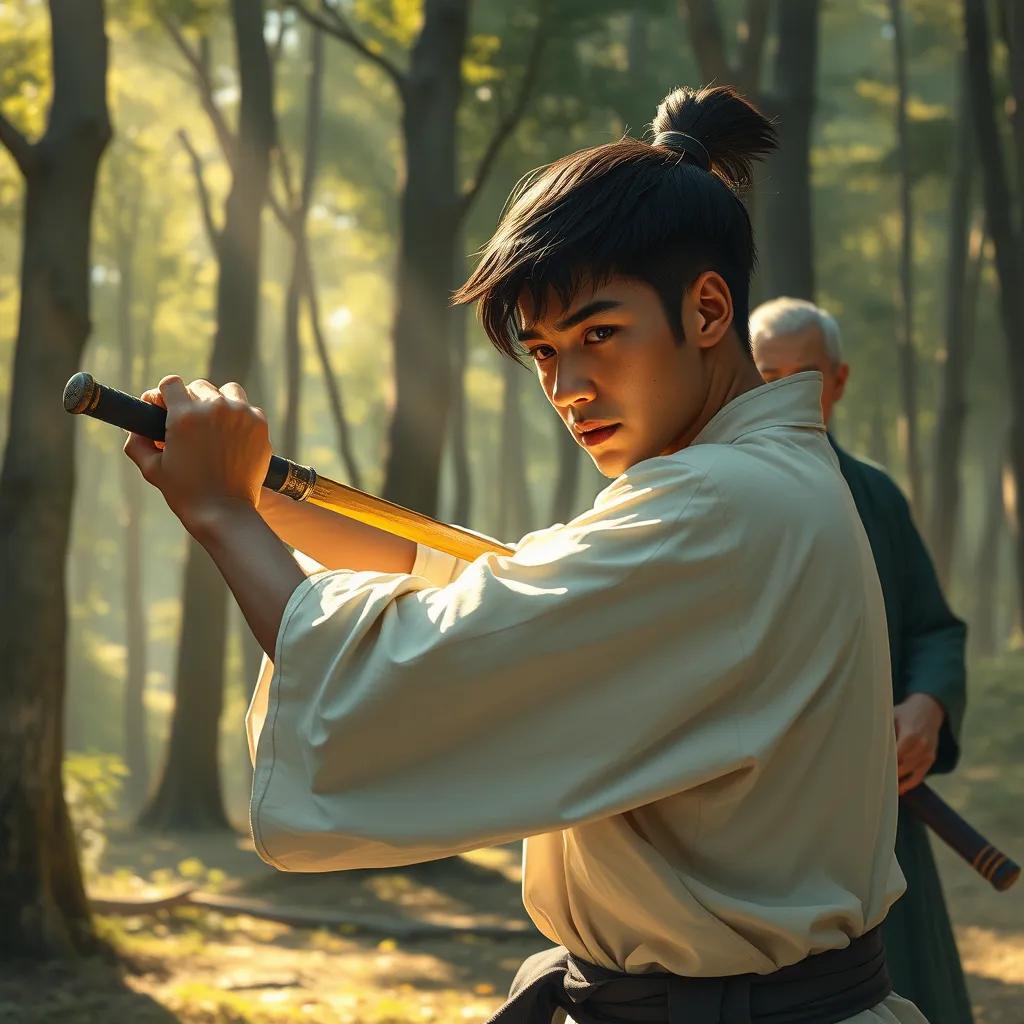Omaru practicing with a wooden sword in a sunlit forest, sweat on his brow, focusing hard. His sensei stands nearby, hands behind his back, observing the determination on Omaru's face, amidst trees and soft, golden sunlight filtering through the leaves.