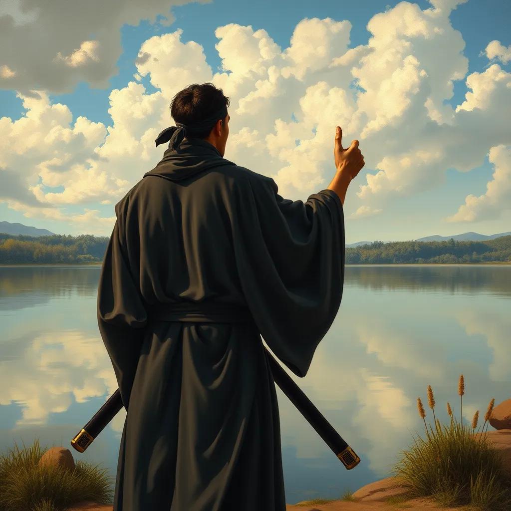 Ninja Omaru and his sensei standing by a serene lake, with calm waters reflecting the sky. Omaru gazes at the water, learning from his sensei's wisdom, as the sensei gestures towards the lake, creating a sense of peace and calm in the atmosphere.
