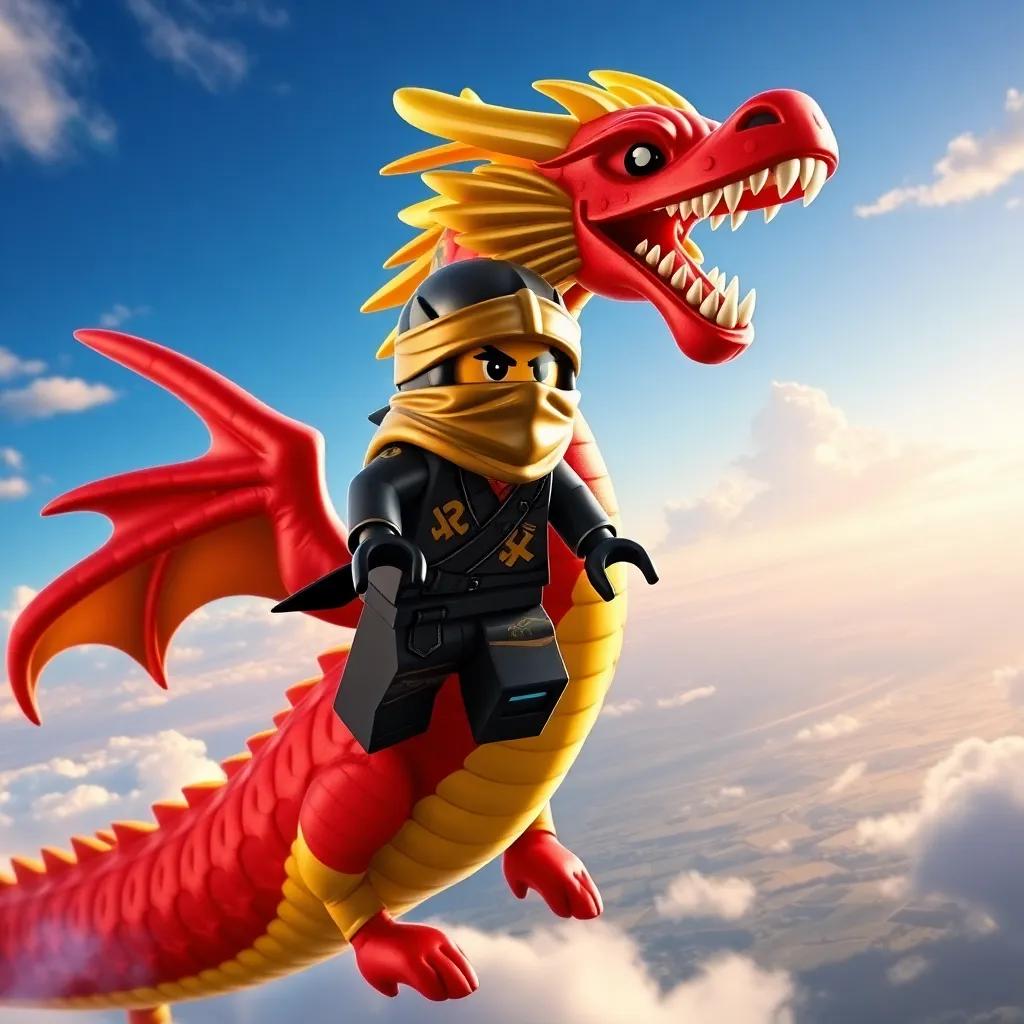 A heroic ninja character, Ninjago, with a classic ninja outfit, riding a majestic dragon in a vibrant sky with clouds and a distant landscape, digital art, action-packed scene, bright colors, adventurous perspective, high quality