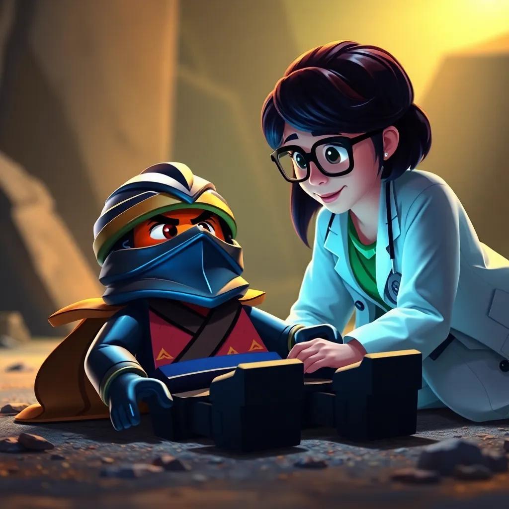 Ninjago, a heroic ninja character, with a classic outfit, lying on the ground in a strange place with worried expressions, a gentle woman, Doctor Massiel, with glasses and a lab coat, caring for him, warm light, supportive atmosphere, storytelling view, colorful