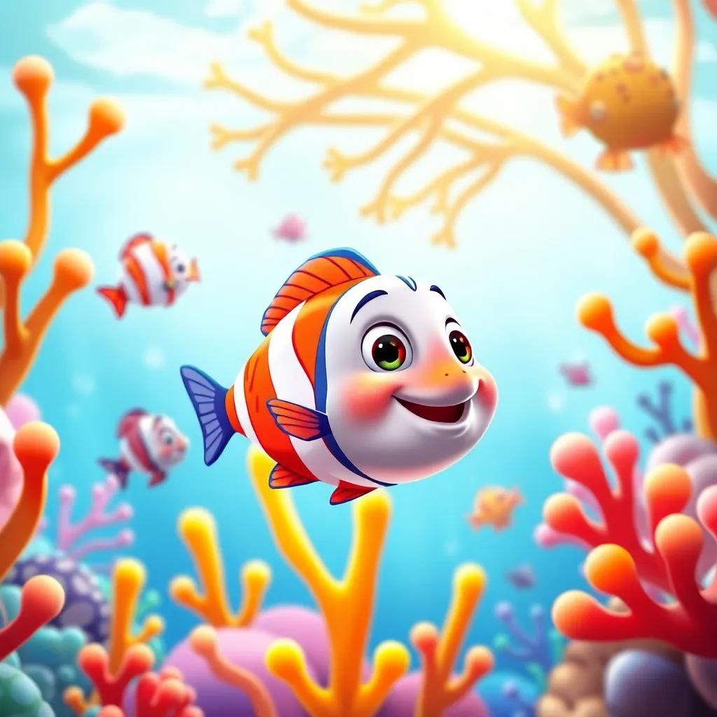 A colorful underwater scene with Nino, a small fish with orange and blue stripes, swimming happily among coral reefs and playful sea creatures, vibrant colors, joyful atmosphere, digital art, child-friendly