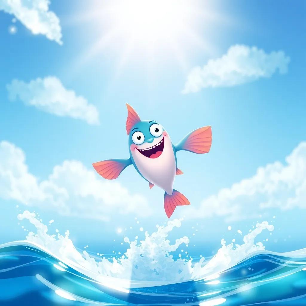 Nino the fish, with his handmade paper wings, excitedly jumping out of the water towards the sky, surrounded by bright sunlight and splashes, illustration, cheerful, adventure-themed, high quality