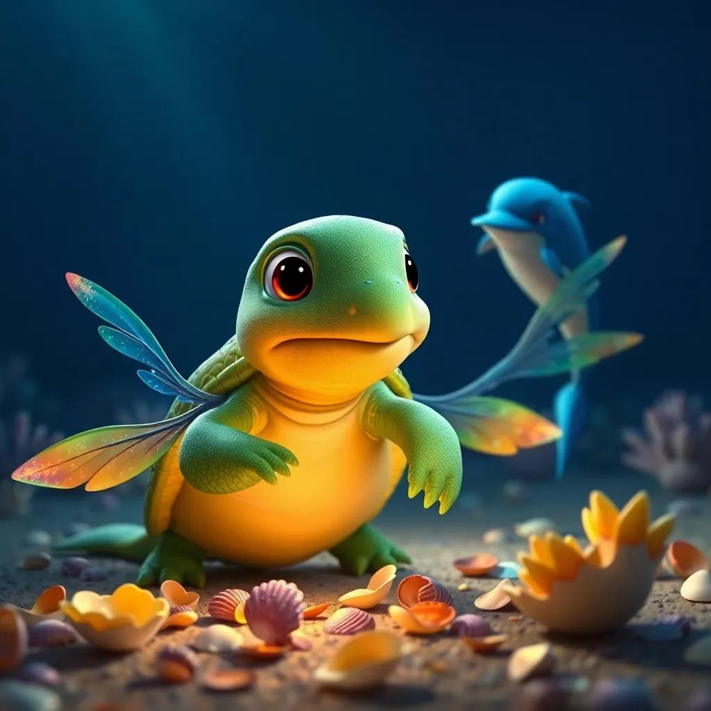 A turtle named Tita, with a green shell and big eyes, working with Nino and Dó, the dolphin, as they create colorful wings from algae and shells, bright underwater light, engaging scene