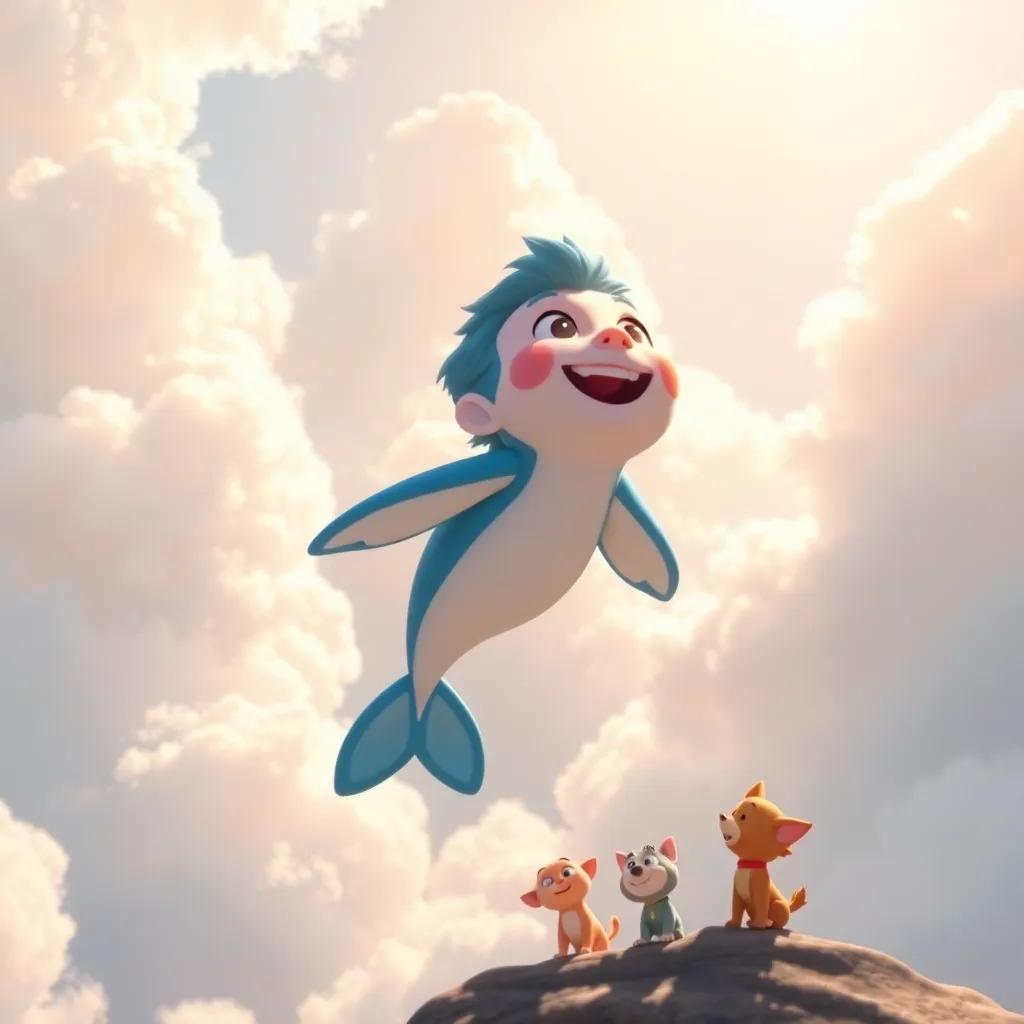 Nino soaring in the sky amidst fluffy white clouds, feeling the wind against his fins, with Tita and Dó watching joyously from below, warm sunlight, whimsical atmosphere, digital art, vivid