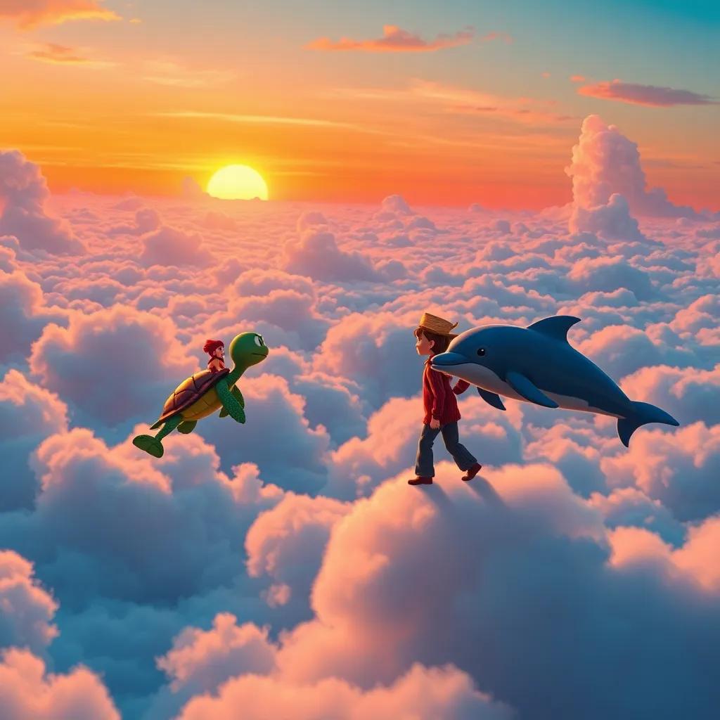 Nino's friends, Tita the turtle and Dó the dolphin, helping him navigate the clouds to return to the ocean, with a beautiful sunset in the background, heartwarming scene, rich colors, storytelling view