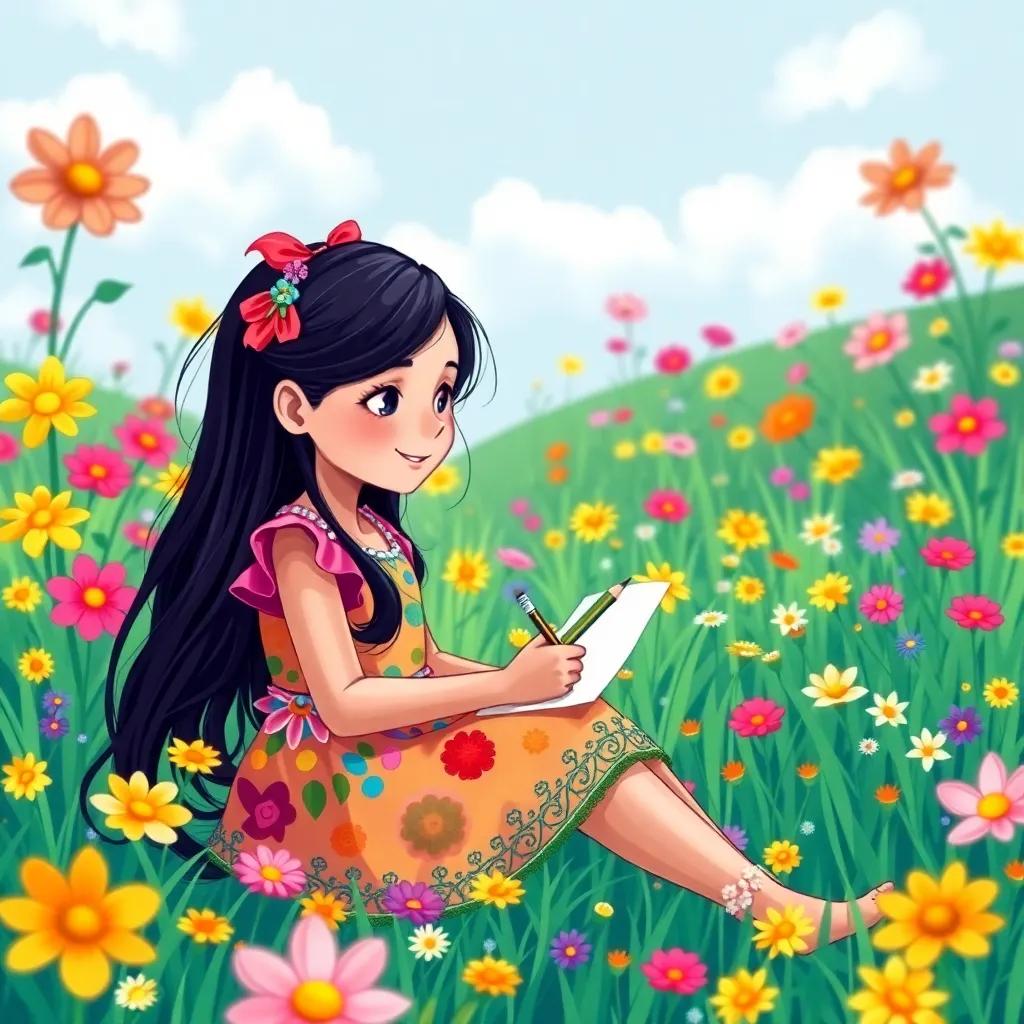 A young girl named Ana with long black hair wearing a colorful dress, sitting in a flower-filled meadow, drawing with bright colored pencils, digital art, vibrant colors, cheerful atmosphere, high quality