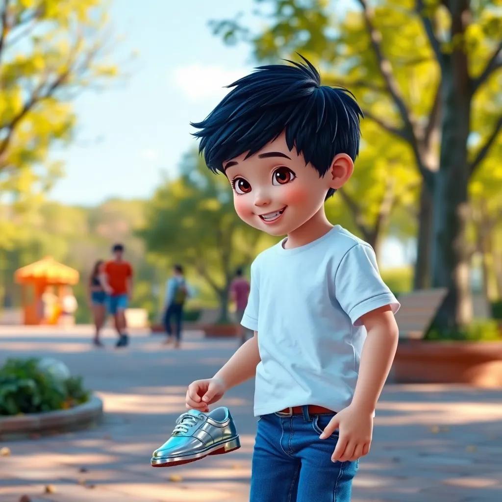Noah, a young boy with short black hair, wearing a white t-shirt and blue jeans, finding shiny dancing shoes in a bright park, cheerful atmosphere, vibrant colors, playful energy, high quality