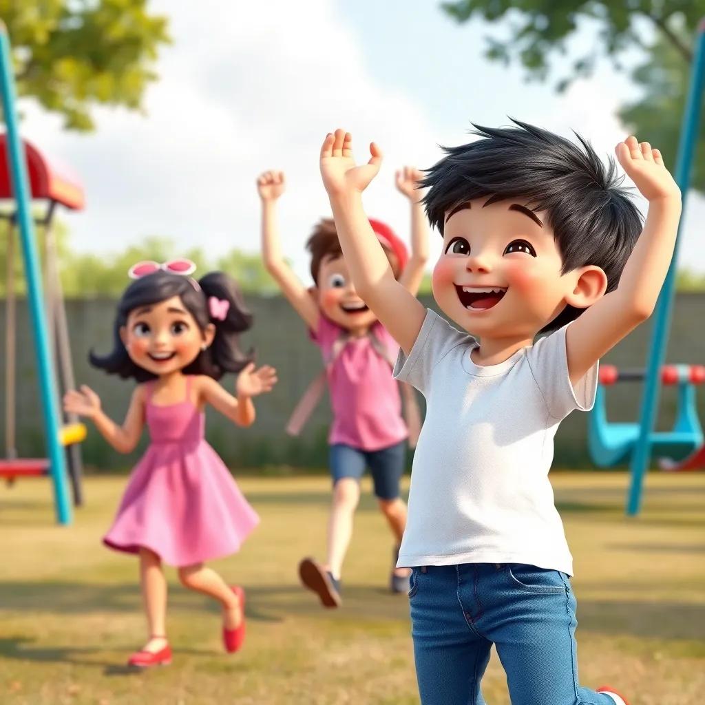 Noah, a young boy with short black hair, wearing a white t-shirt and blue jeans, dancing joyfully in the playground with his friends, Mia and Sam, a girl with a pink dress and boy with a red cap, colorful swings and laughter in the background, cheerful, animated, high detail