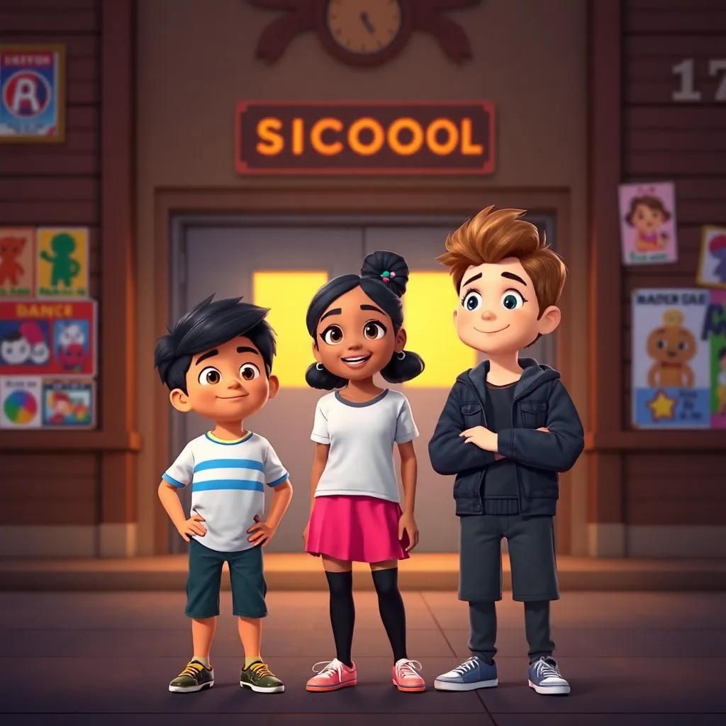 Noah, Mia, and Sam standing together in front of a school, planning their dance performance with excitement, colorful posters in the background, warm light, engaging atmosphere, kid-friendly, high quality