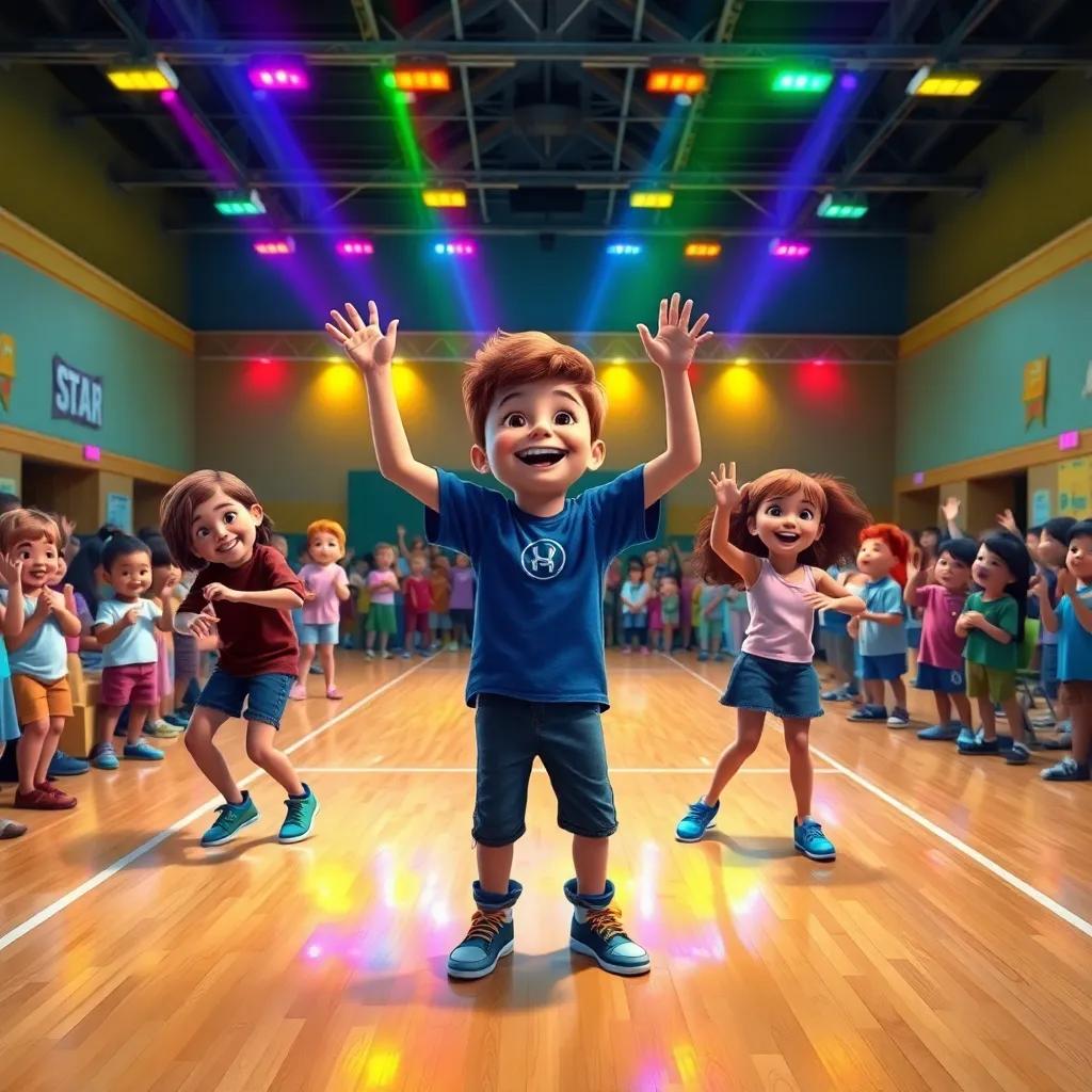 Noah and his friends practicing their dance moves in the school gym, with colorful lights shining down, many kids watching and cheering, vibrant, joyous, energy-filled atmosphere, high detail