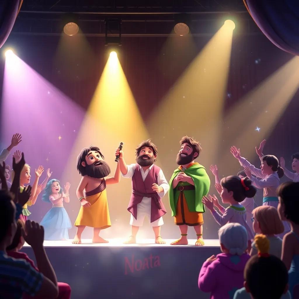 Noah and his friends performing on stage under bright lights, a captivated audience cheering and clapping, colorful costumes, magical atmosphere, exciting energy, high detail