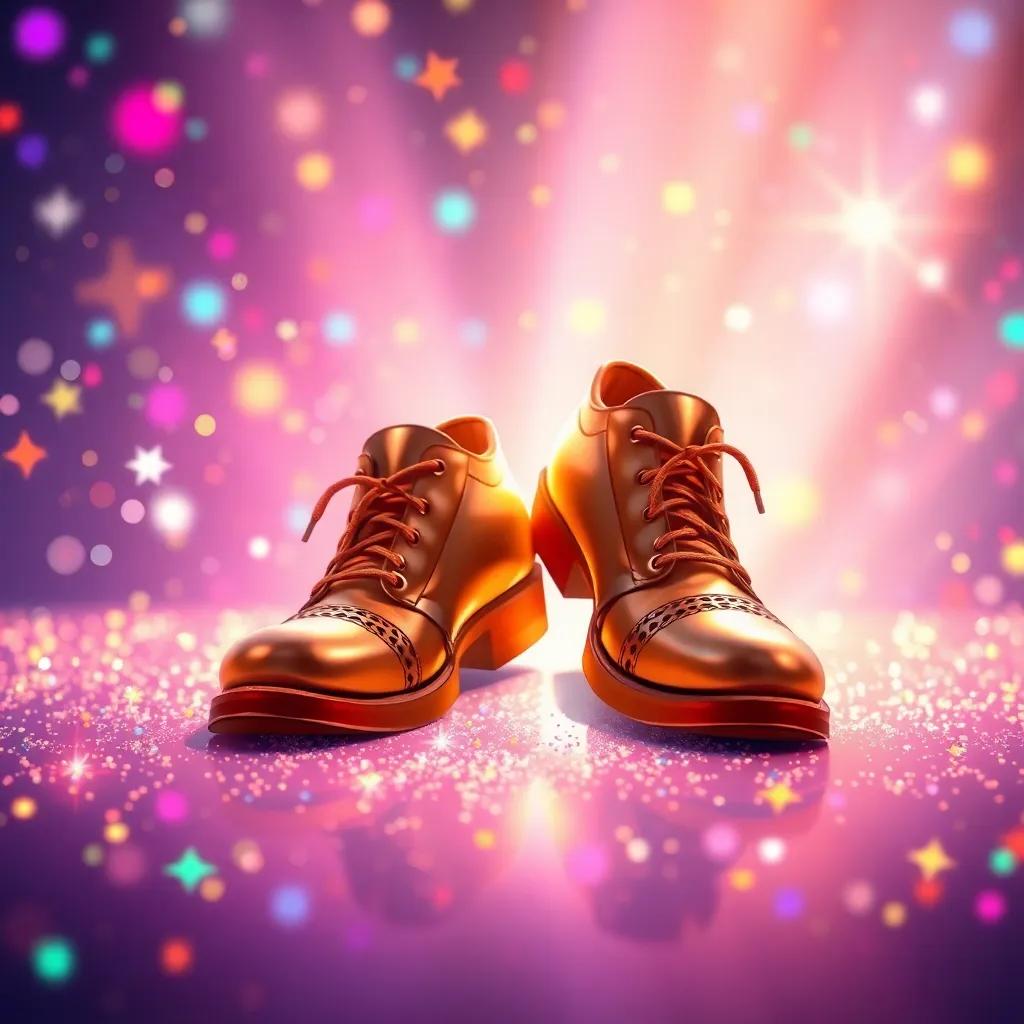 The shoes resting on a bright stage surrounded by colorful sparkles, shining with magical energy, whimsical design, captivating, dreamlike atmosphere, high detail