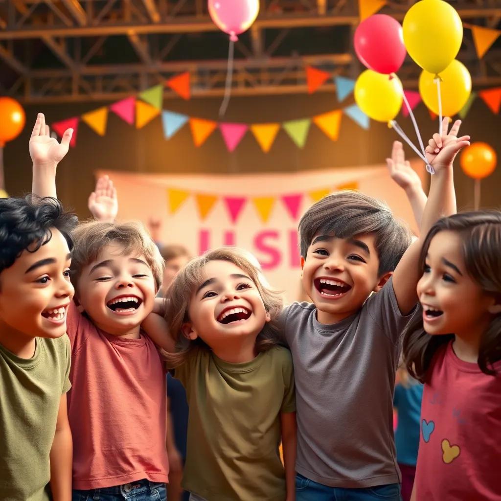 The kids celebrating their successful fundraiser with smiles and laughter, the stage in the background, colorful balloons and banners, cheerful, warm light, happy expressions, high quality
