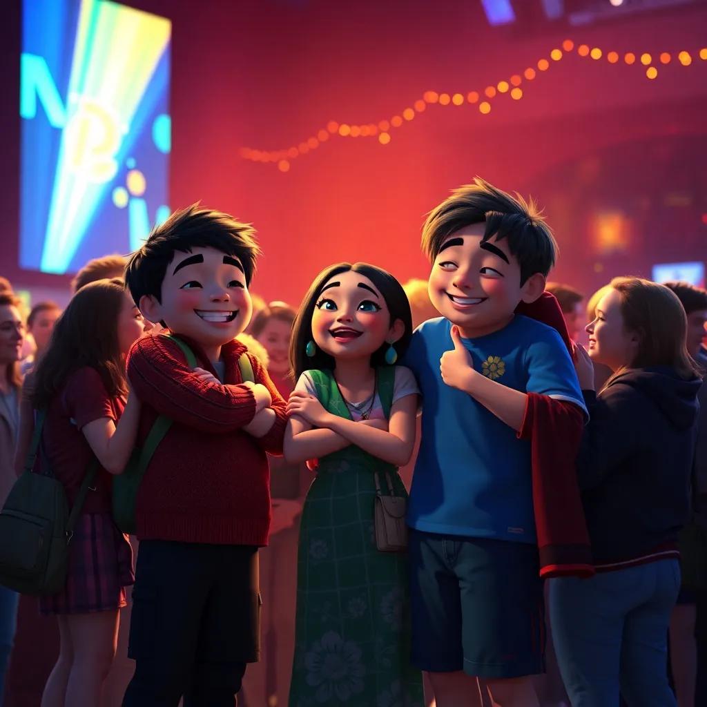 Noah, Mia, and Sam surrounded by friends after the show, sharing hugs and cheers, feeling proud and joyful, warm light, vibrant colors, celebratory atmosphere, high quality