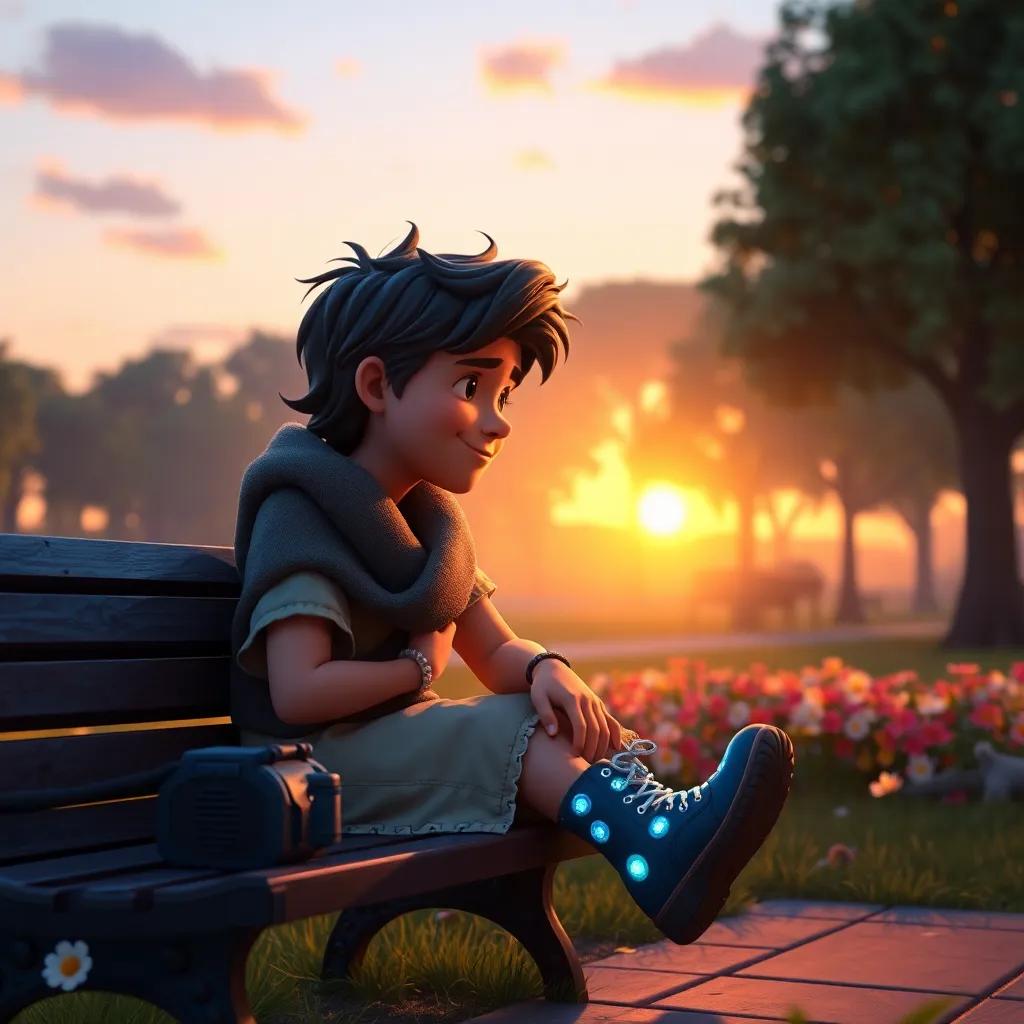 Noah reflecting after the show, sitting on a bench with his enchanted shoes, thinking about friendship and adventure, peaceful park with flowers, warm sunset light, beautiful scenery, high quality