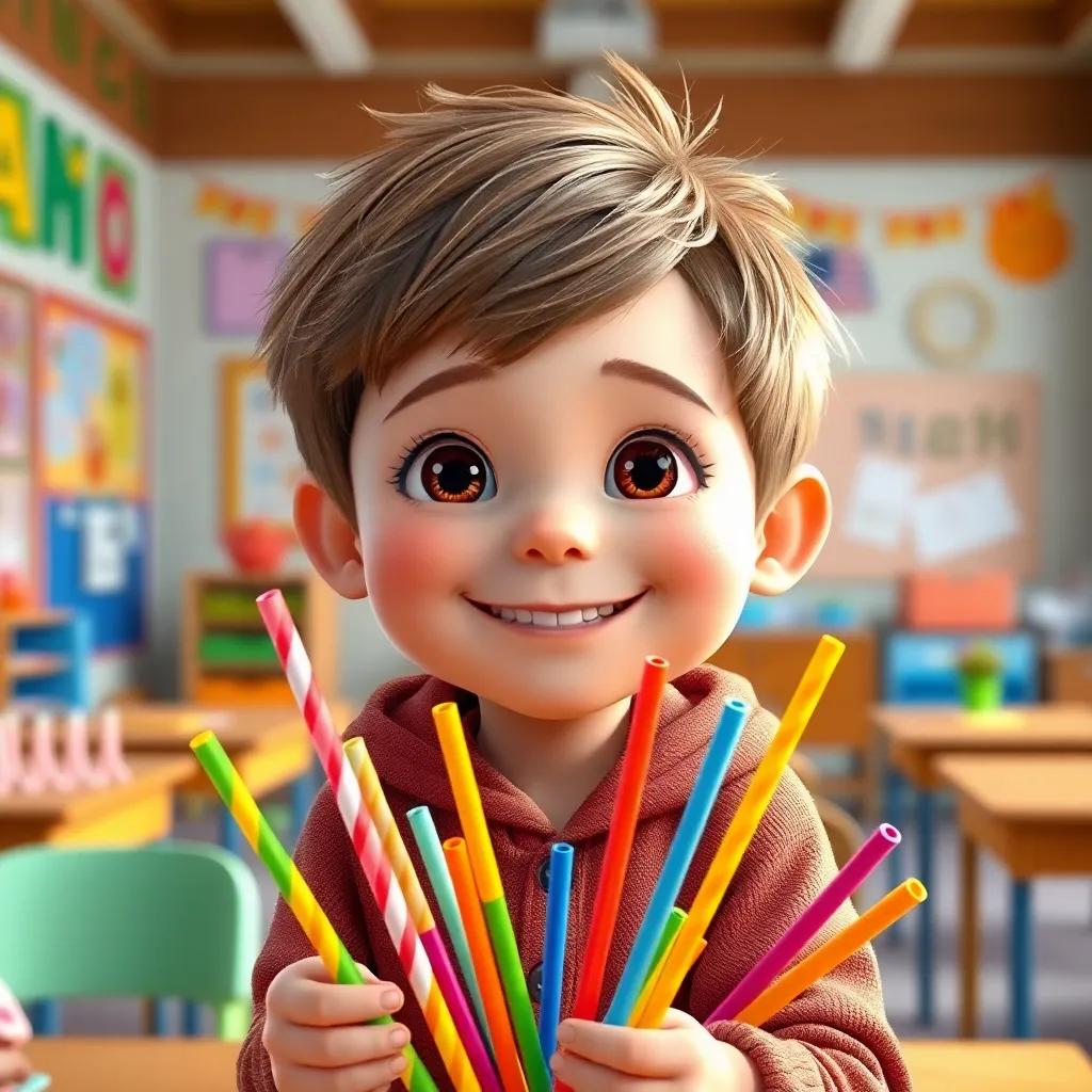 A small boy, Noah, with brown hair and eyes, smiling brightly, holding colorful straws and sticks in a vibrant classroom, cheerful atmosphere, digital art, lively colors, engaging scene, high quality