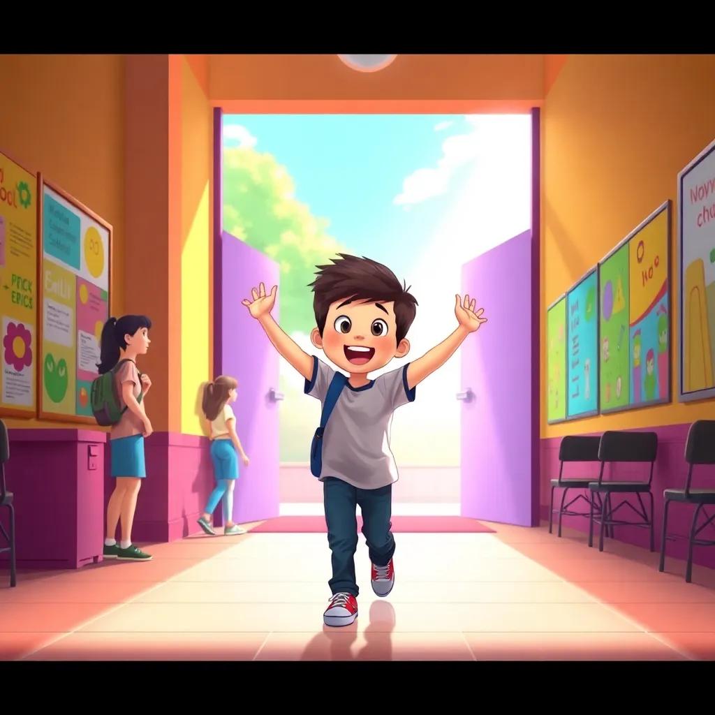 Noah excitedly walking into a bright school building, greeting his friends, with colorful posters on the walls and sunlight streaming in, friendly environment, illustration, vibrant colors, happy mood