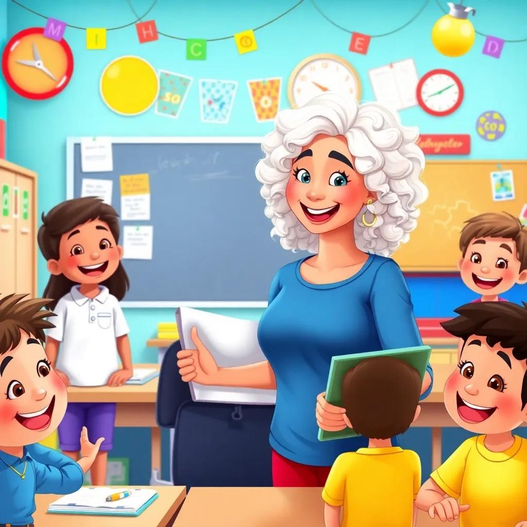 A new teacher, Tia Leina, a white woman with curly hair, warmly smiling and greeting Noah in the classroom, colorful decorations and happy students around, welcoming atmosphere, cheerful illustration, vibrant colors