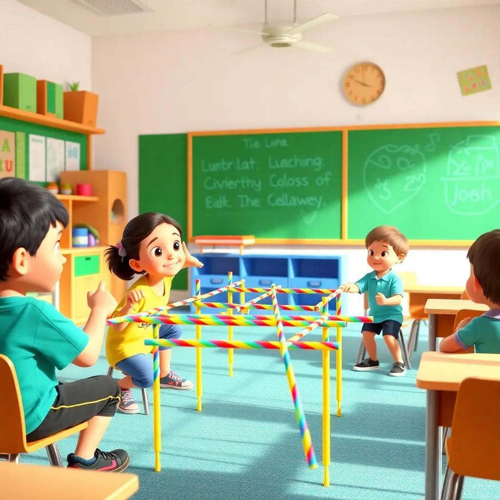 Tia Leina leading a fun activity with Noah and classmates, using straws to create an obstacle course, playful and energetic scene, bright classroom, digital art, lively colors, joyful mood