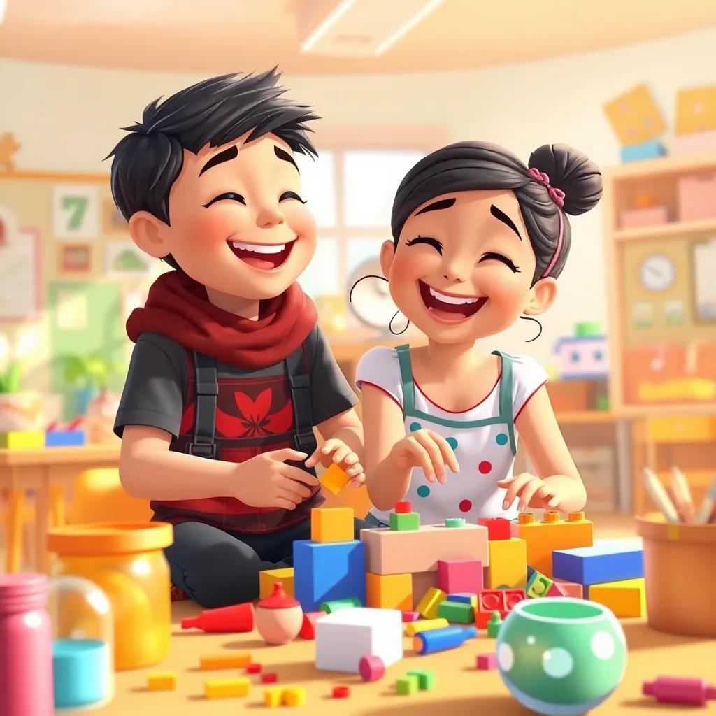 Noah and Tia Leina laughing together while building with colorful materials, surrounded by happy friends, sunny classroom, friendly atmosphere, illustration, warm colors, engaging setting