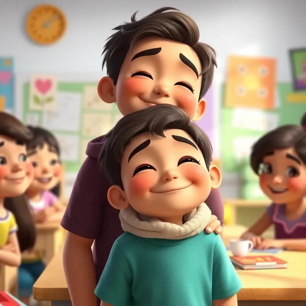Noah feeling content as he realizes he can count on Tia Leina, with happy friends around, colorful classroom background, heartwarming pose, digital art, soft light, joyful colors