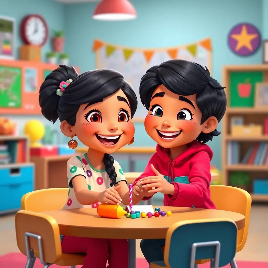 Tia Leina and Noah celebrating their friendship with creative play, showcasing teamwork with stunning colorful designs, exciting classroom scene, vibrant colors, cheerful art, friendly environment