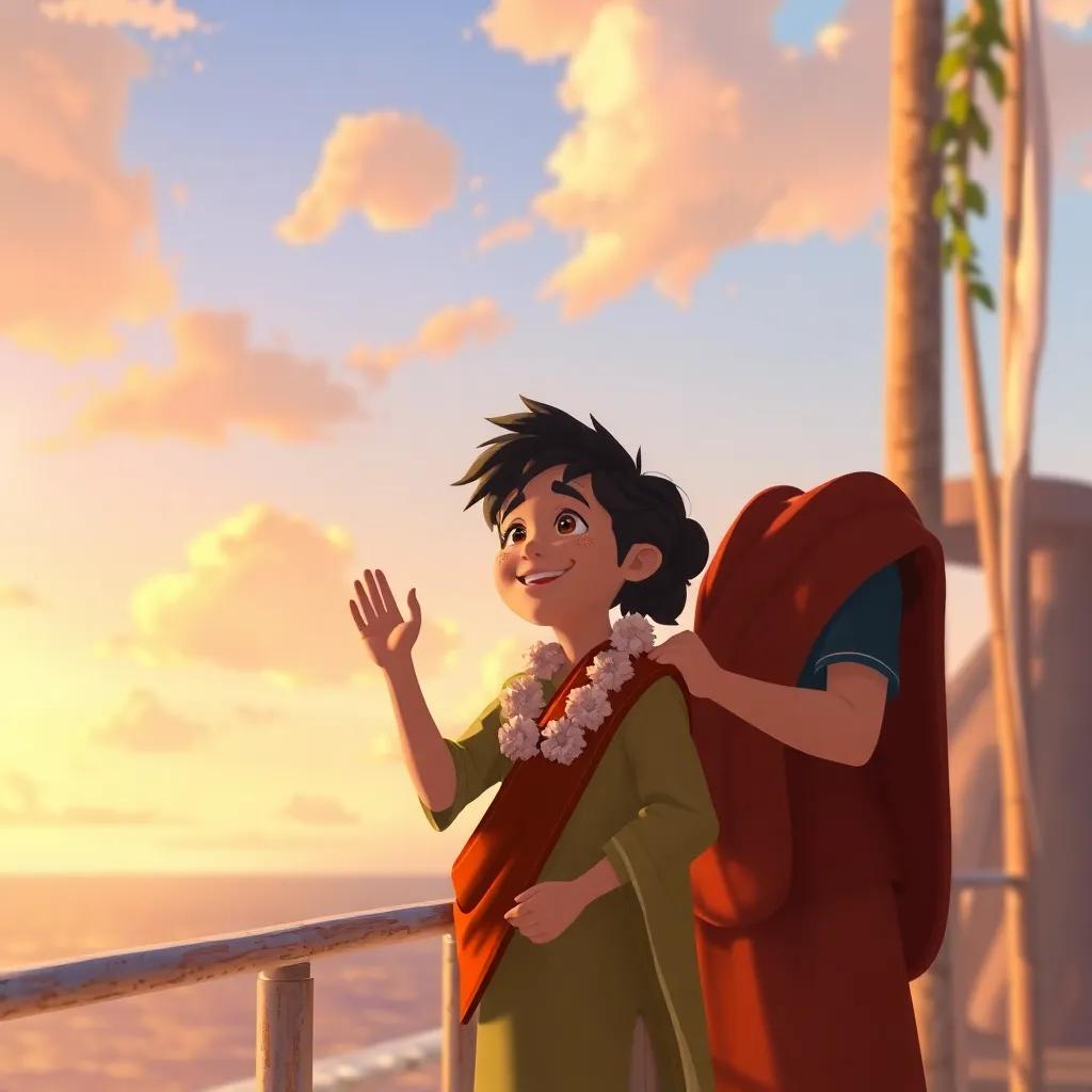 A heartwarming scene with Noah waving goodbye to Tia Ale, with Tia Leina joining him, showing the beauty of new beginnings and cherished memories, emotional setting, digital painting, warm colors, inviting atmosphere