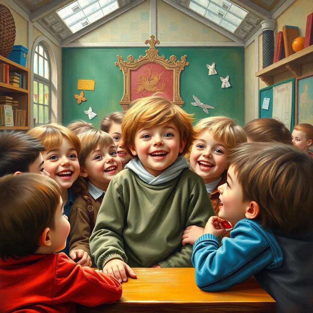 Noah, happily surrounded by friends at school, laughing and playing, colorful surroundings, child-friendly environment, a sense of community and friendship