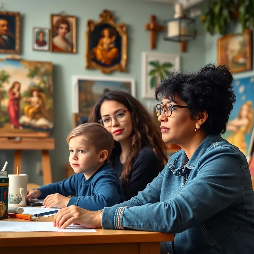 Noah in class with fixed attention, with Teacher Carla, a black woman wearing glasses, in a cozy classroom filled with art and creativity, encouraging atmosphere