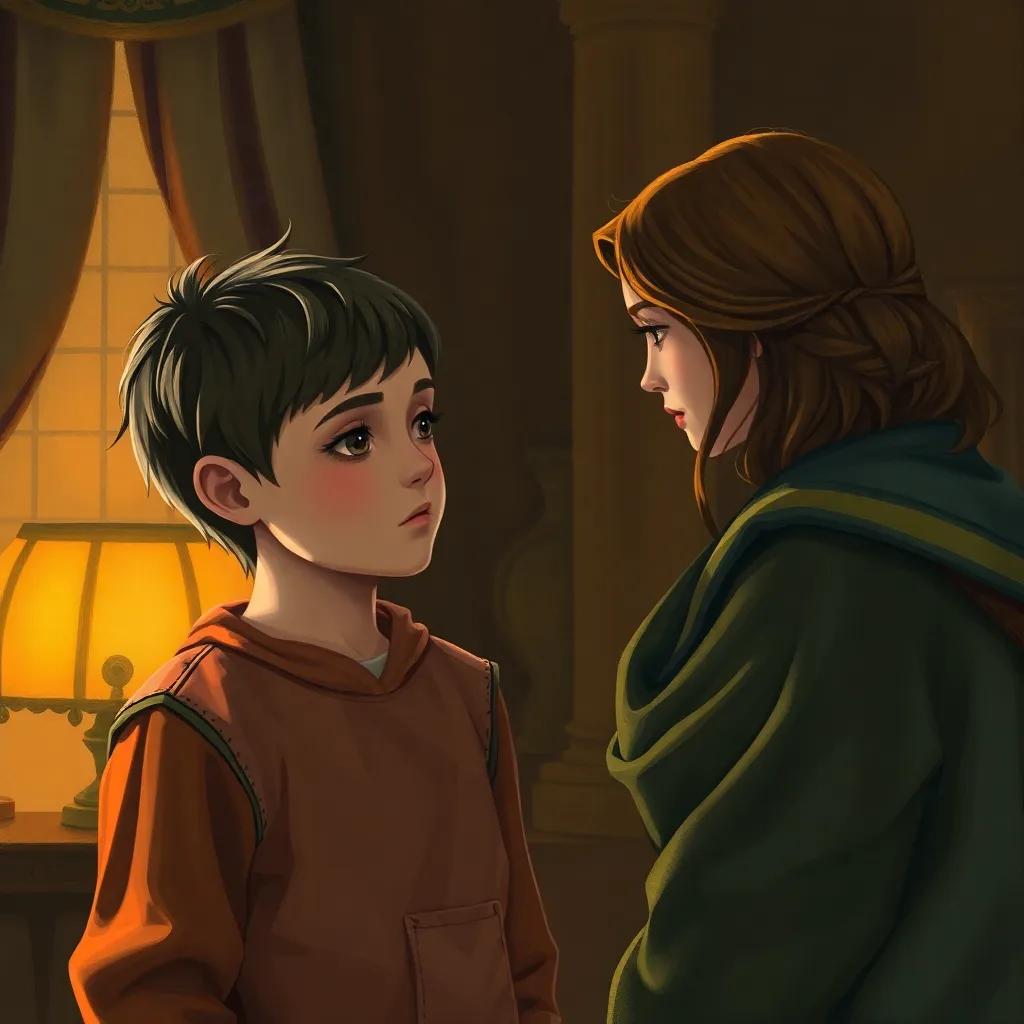 Noah, looking sad, talking to Teacher Carla about Tia Ale leaving, soft lighting, emotional scene, warm colors