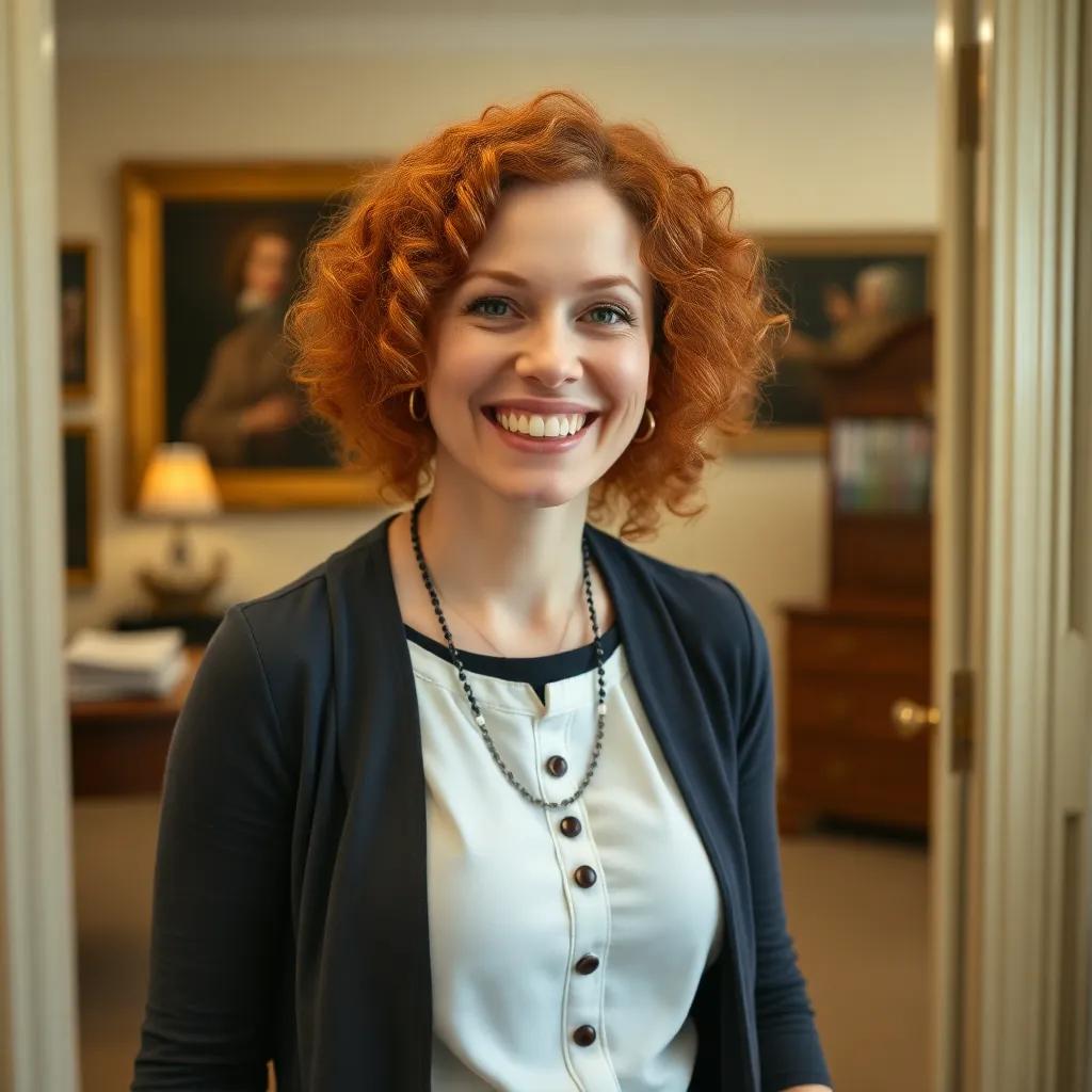 Tia Leina, a white woman with curly red hair, entering the classroom with a big smile, excited about meeting Noah, cheerful environment, welcoming ambiance
